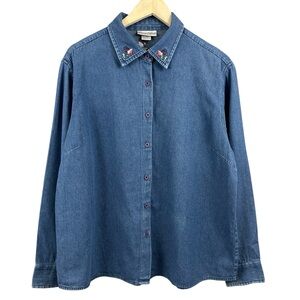 Carroll Reed Vintage Embroidered Denim Cotton Button Down Shirt Size XL